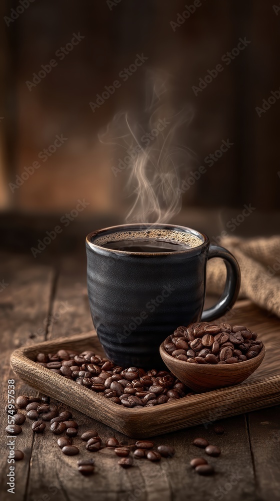 Fototapeta premium Steaming black coffee mug on rustic wooden surface