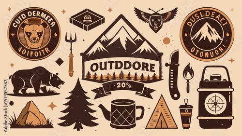Extensive Outdoor Adventure & Camping Vector Set - Mountains, Bears, Forest & Wilderness Elements