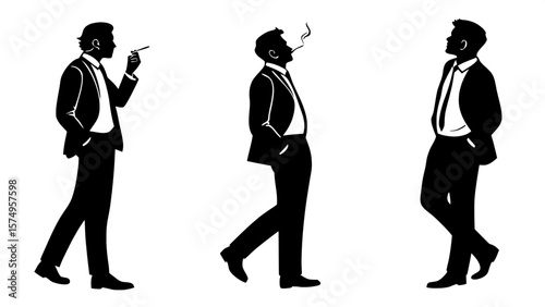 "Three black silhouettes of adult men dressed in business suits and ties, each figure in a slightly turned pose, smoking. Minimalist style, white backdrop, no additional details or scenery."


