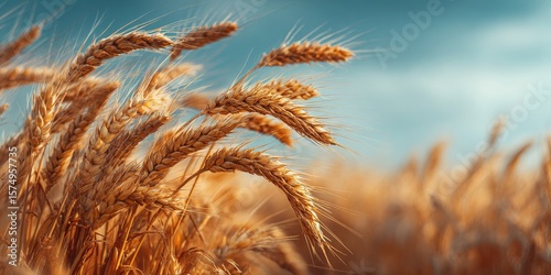 Golden Wheat Field Whispers: A close-up perspective reveals a sea of golden wheat, rippling in the gentle breeze under a vast sky, evoking feelings of abundance and serenity.
