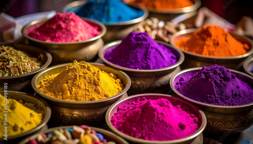 Vibrant colored powders in brass bowls Vibrant colored powders in brass bowls