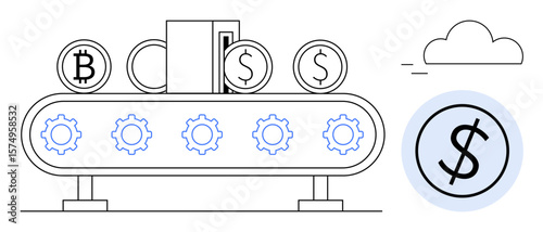 Coins with cryptocurrency and cash symbols move on a conveyor belt with gear icons. Ideal for blockchain, automation, fintech, digital currency, finance, money transfer, banking sectors. Simple flat