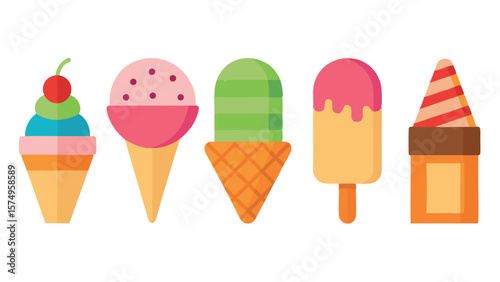 Sweet Summer Delights: Colorful Flat Ice Cream Cones and Popsicle Vector Set