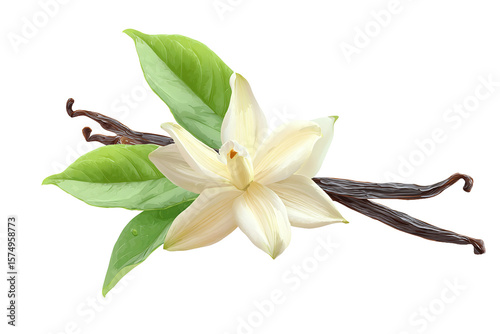 Vanilla Flower, Leaves, and Beans Isolated on White Transparent Background