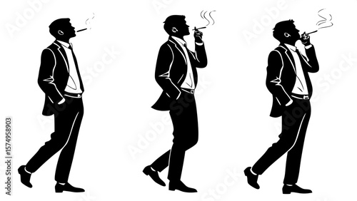 "Three adult male silhouettes in black suits, viewed from the knees up. They are smoking cigarettes, smoke curling from their mouths. The composition is clean, evenly spaced, and entirely in flat blac
