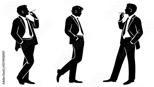 "Three adult male silhouettes in black suits, viewed from the knees up. They are smoking cigarettes, smoke curling from their mouths. The composition is clean, evenly spaced, and entirely in flat blac