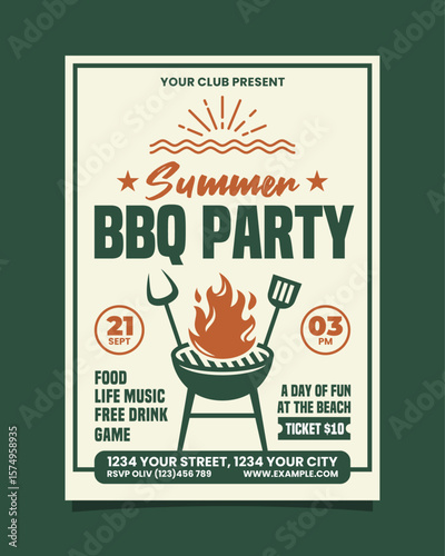 Green And Orange Illustrative Summer BBQ Party Vertical Poster Invitation Template