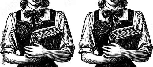 Engraved schoolgirl illustration set with books for educational design