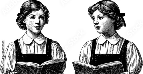 Vintage engraving of schoolgirl with ribbon reading books for educational design