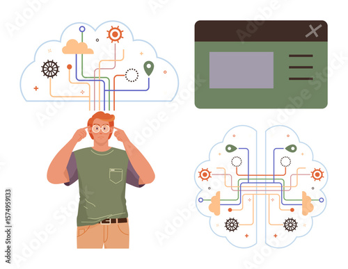 Man adjusting glasses with a brain depicting connections, cloud, gears, and an interface mock-up. Ideal for creativity, problem-solving, innovation, technology, brainstorming education simple
