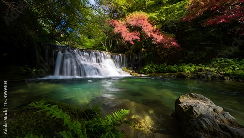 Waterfall cascading through a lush green forest with red foliage