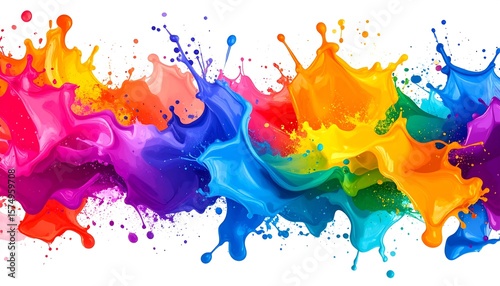 Vibrant paint splashes in rainbow colors on white background