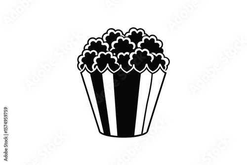Black and white popcorn illustration in a striped container for movie night