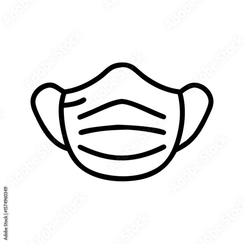 Protective face mask illustration featuring face mask with ear loops, simple outline on white backdrop. This face mask drawing offers basic safety representation for Covid awareness,