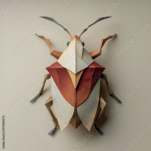 Geometric Paper Art Beetle Sculpture with Detailed Textures and Color Variations