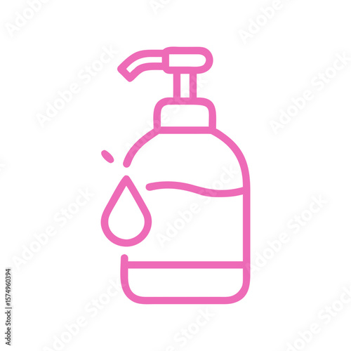 Pink hand sanitizer bottle, with liquid drop, depicts hygiene product for clean hands. This hand sanitizer symbolizes a modern hygiene routine with protective cleansing.