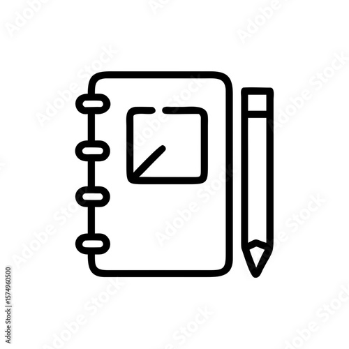 Notebook icon with blank page accompanied by pencil for writing, depicting study supplies. Notebook icon for journaling and jotting down creative ideas, represented in outline style.