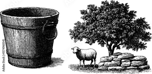 Rustic pastoral scene with tree, sheep, and stone wall in engraved style