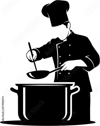 Culinary Expertise A Chef's Precision in the Kitchen, Illustrated in Black and White Vector Art