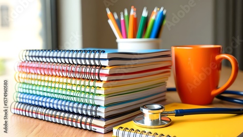 Medical student study desk with stethoscope notebooks and coffee mug still life photo