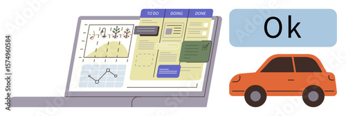 Laptop showing charts, graphs, and task boards, accompanied by a car illustration and Ok approval message. Ideal for productivity, data analysis, workflow, transportation, planning technology