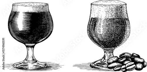 Engraved illustration of stout glasses with coffee beans - vintage beverage design
