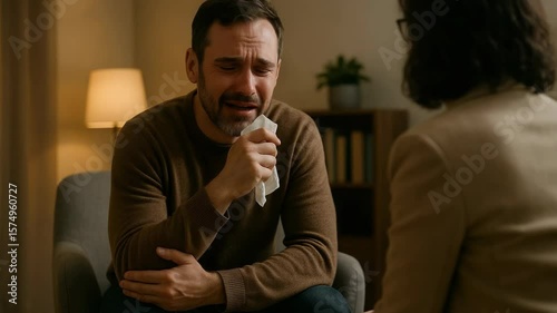 Male seeking emotional support during therapy session with professional in a comforting setting
