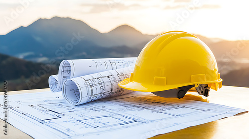 Construction blueprint with hard hat for engineering safety. Plans for building projects and structural development.