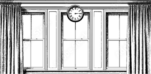 Vintage engraved window scene with curtains and wall clock for interior design