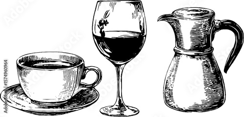 Vintage engraved art of teacup and coffee pot with wine glass for classic design projects