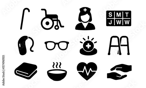 Essential senior care symbols: healthcare icons for elderly support services