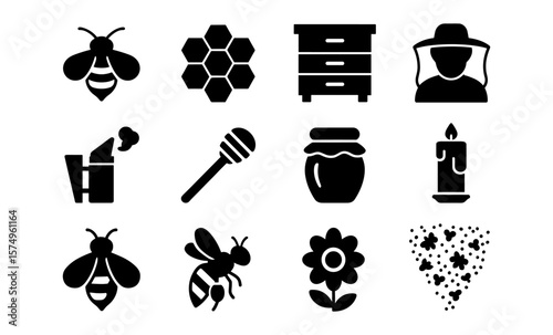 Bee silhouettes and honey icons: beekeeping and nature elements collection