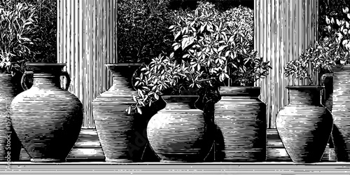 Engraved illustration of terracotta amphora set against botanical background