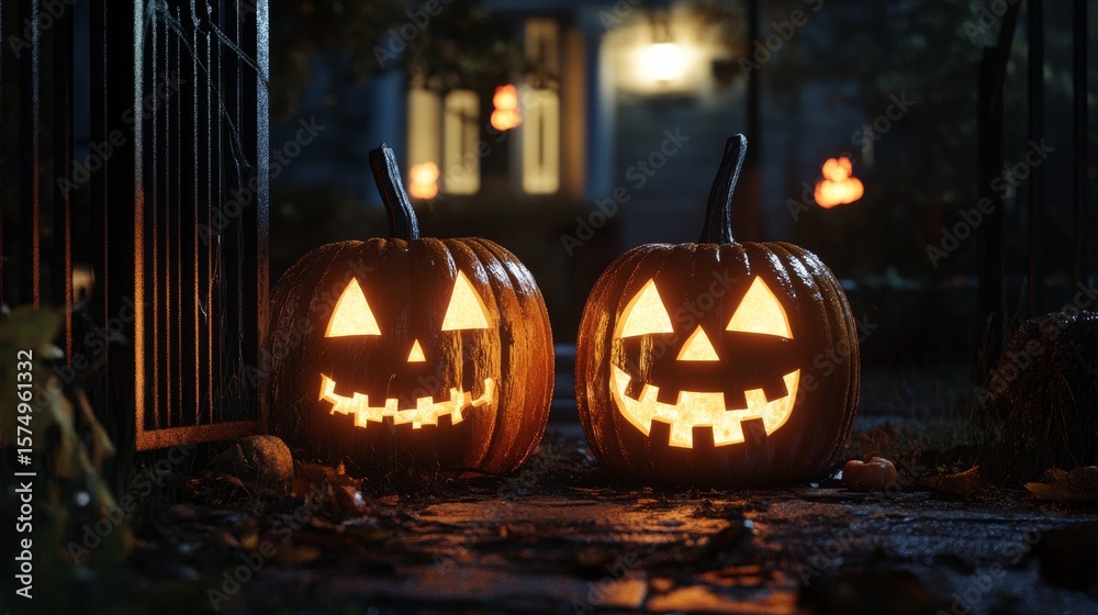 Obraz premium Glowing Jack-o'-lanterns on Halloween Night, 3D Render, spooky season, Autumn Halloween, Jack o lantern
