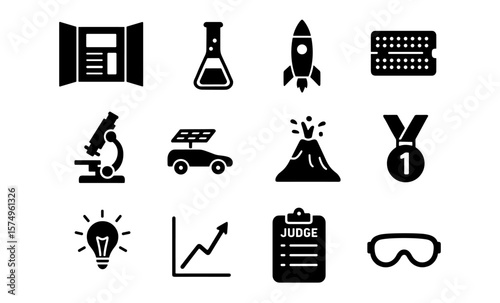 Science and innovation icons set showing laboratory, technology, and exploration themes