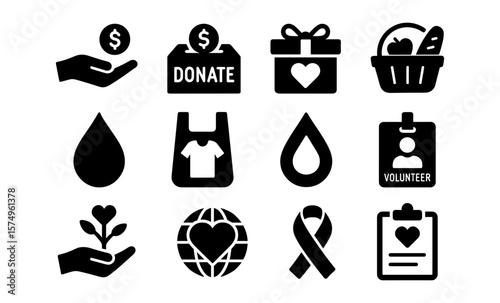 Charity and donation icons: hands, hearts, gifts, and ribbons in monochrome style