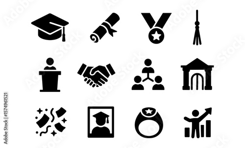 Education and achievement icons set: graduation, success, and learning symbols