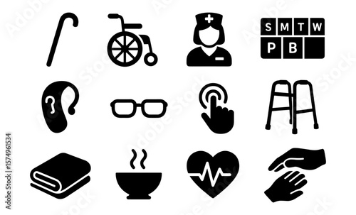 Healthcare and accessibility icons set for elderly and disability support services