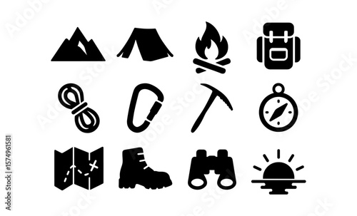 Adventure icons: camping, hiking, and mountaineering essentials