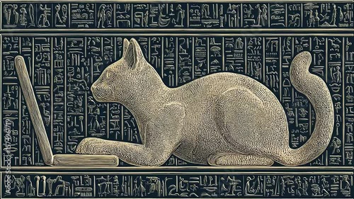 Curious feline explores ancient hieroglyphs while engaging with a glowing screen in a mysterious, dimly lit room