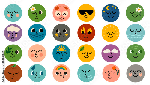 Pack of expressive nature-based emotion faces including clouds, leaves, stars and water. Perfect for playful design, stickers, apps or educational content.