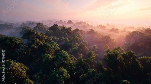 Breathtaking aerial view showcasing a lush green forest shrouded in a gentle mist at sunrise with pastel colors.