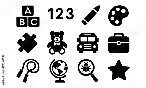 Educational icons collection: simple black silhouette designs for kids learning