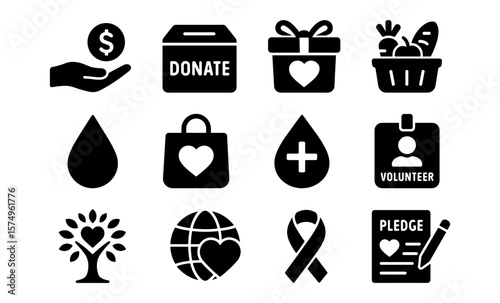 Charity symbols collection: donation, volunteer, giving, and support icons