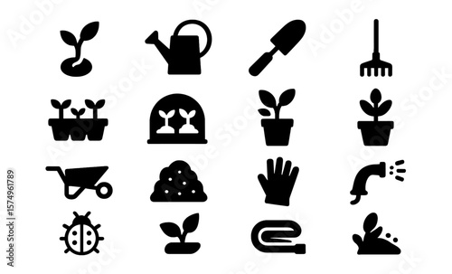 Gardening tools and plants silhouettes collection for horticulture design projects