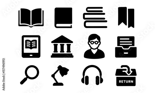 Black library icons for digital and education themes