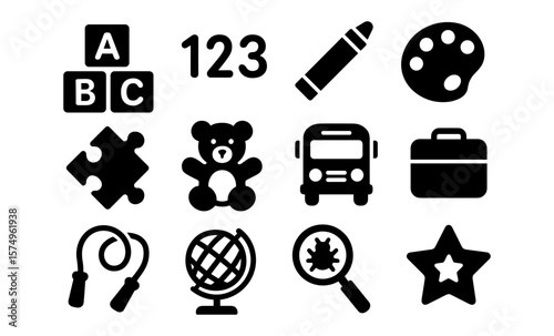 Black silhouette icons of educational and school-themed objects