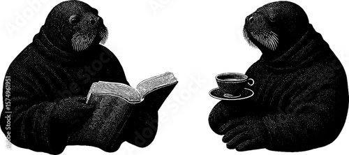 Engraved walrus set with book and tea cup in robe - vintage design for print and decor