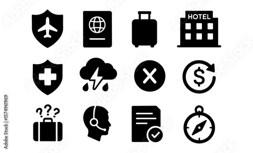 Essential travel and insurance icons set for modern travelers