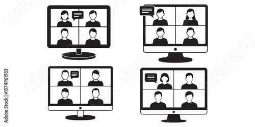 Four computer screens showing video conference calls with people silhouette isolated on white background